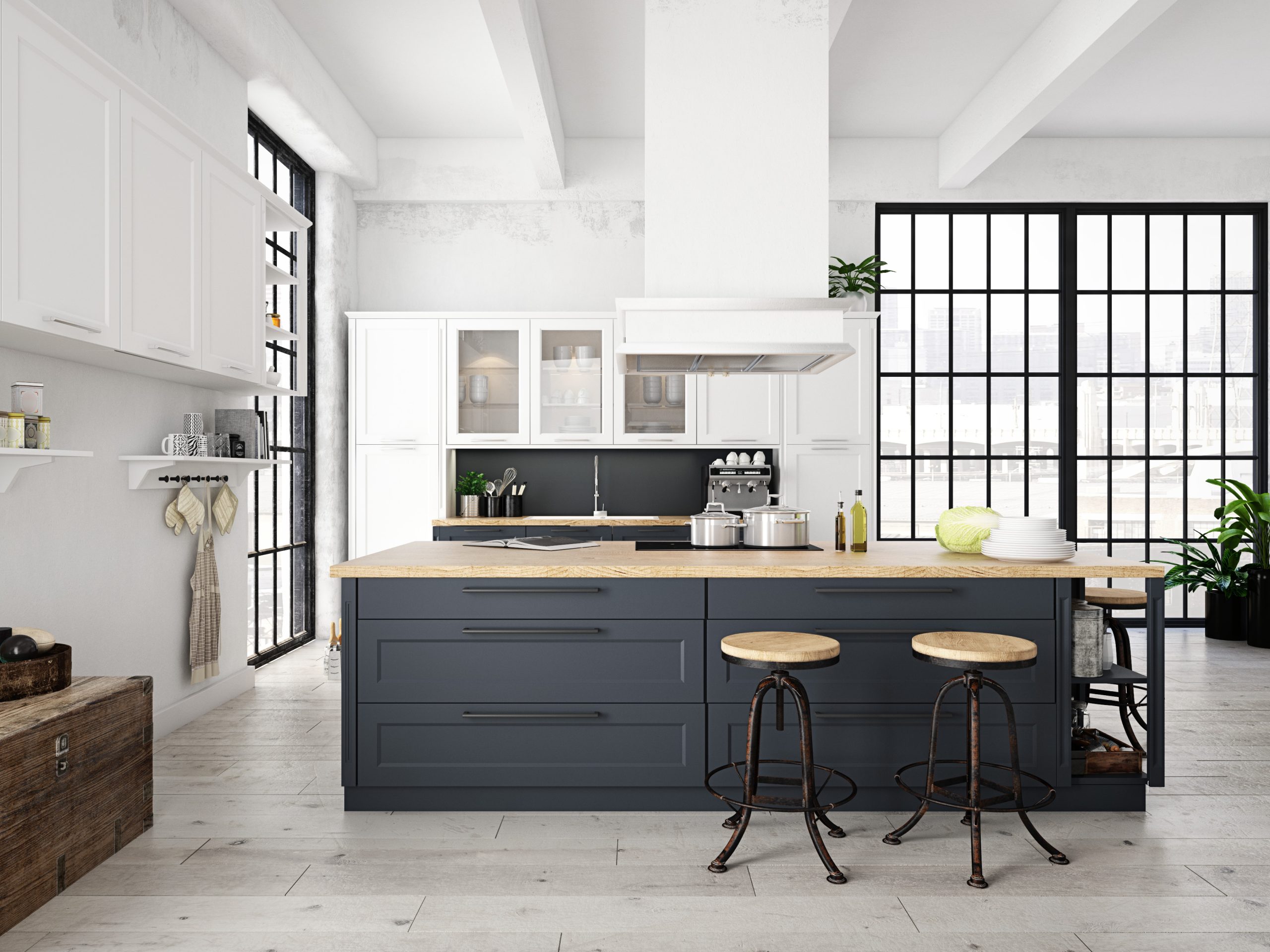 3D rendering of modern kitchen in a loft.
